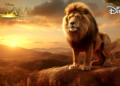 A majestic lion with a golden mane standing proudly on a rocky outcrop overlooking the vast African savannah, symbolizing the regal presence of Mufasa in the prequel "Mufasa: The Lion King."