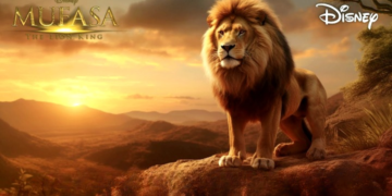 A majestic lion with a golden mane standing proudly on a rocky outcrop overlooking the vast African savannah, symbolizing the regal presence of Mufasa in the prequel "Mufasa: The Lion King."