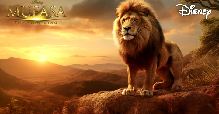 A majestic lion with a golden mane standing proudly on a rocky outcrop overlooking the vast African savannah, symbolizing the regal presence of Mufasa in the prequel "Mufasa: The Lion King."
